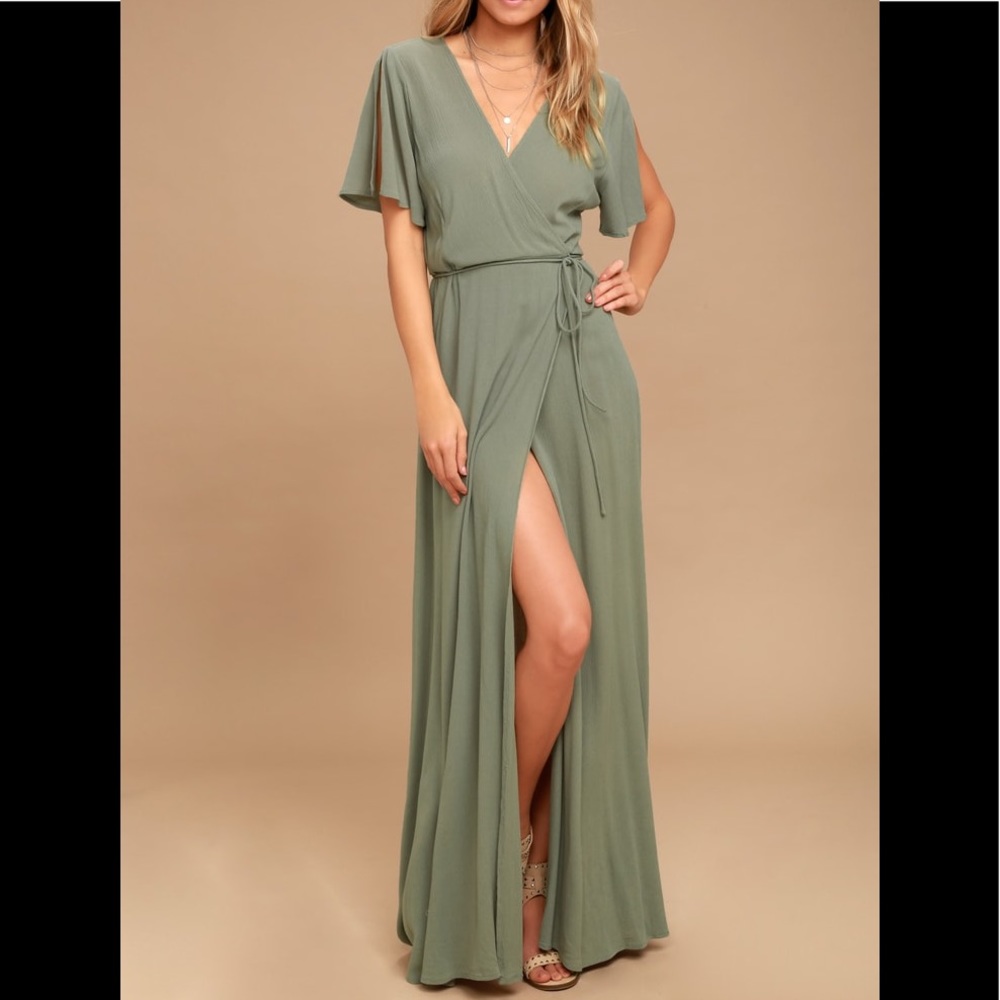 Much Obliged Washed Olive Green Wrap Maxi Dress